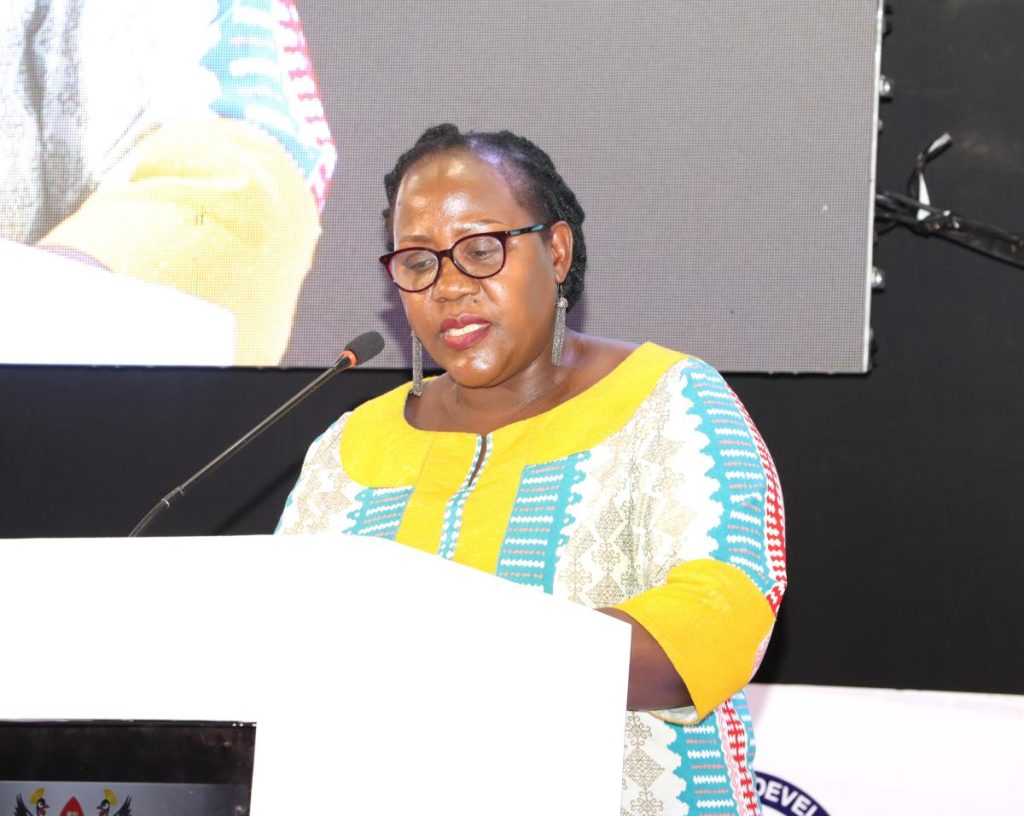Prof. Josephine Ahikire delivering her remarks. Annual Media Convention, 12th October 2023, Yusuf Lule Central Teaching Facility Auditorium, Makerere University, Kampala Uganda, East Africa.