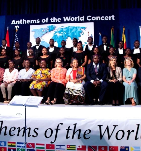 UN Diplomats, Ambassadors, Makerere University and the Makorale Choir pose for a group photo. Anthems of the World Concert, 31st October 2023, Yusuf Lule Central Teaching Facility Auditorium, Makerere University, Kampala Uganda, East Africa.