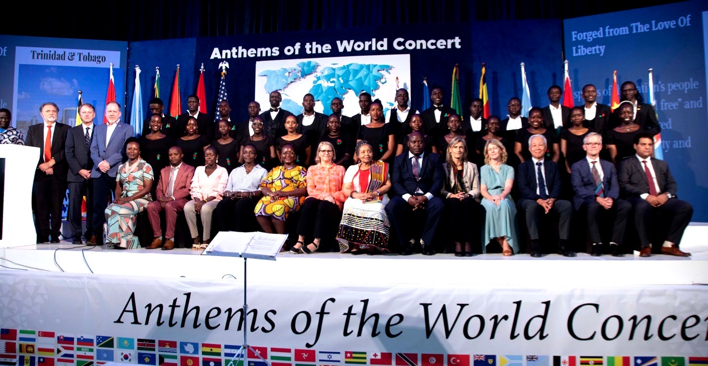 UN Diplomats, Ambassadors, Makerere University and the Makorale Choir pose for a group photo. Anthems of the World Concert, 31st October 2023, Yusuf Lule Central Teaching Facility Auditorium, Makerere University, Kampala Uganda, East Africa.