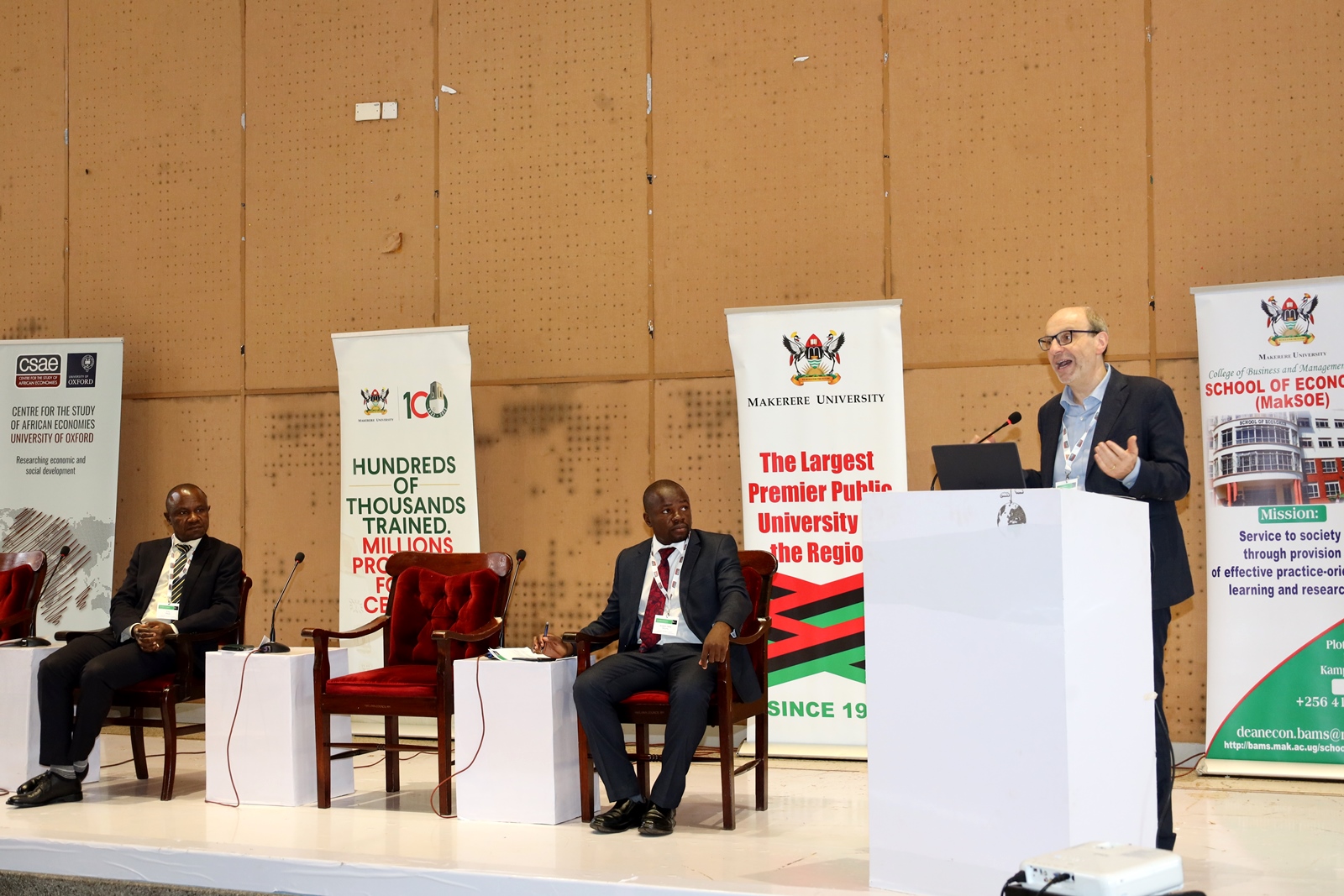 Left to Right: Prof. Eria Hisali, Dr. Ibrahim Mike Okumu and Prof Stefan Dercon at the CSAE Economic Development Workshop held 27th to 30th November at the Yusuf Lule Central Teaching Facility, Makerere University, Kampala Uganda, East Africa.