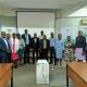 The Principal CoNAS-Prof. Tumps Ireeta (7th L), Director, Quality Assurance Directorate (QAD)-Dr. Cyprian Misinde (6th L), Dean, School of Biosciences-Prof. Arthur Kajungu Tugume (6th R), Project PI at Makerere University-Dr. Katuura Esther (4th R) and other officials at the Inception Workshop for the ABS Project on 7th November 2023 in the Telepresence Centre. Senate Building, Makerere University, Kampala Uganda, East Africa.