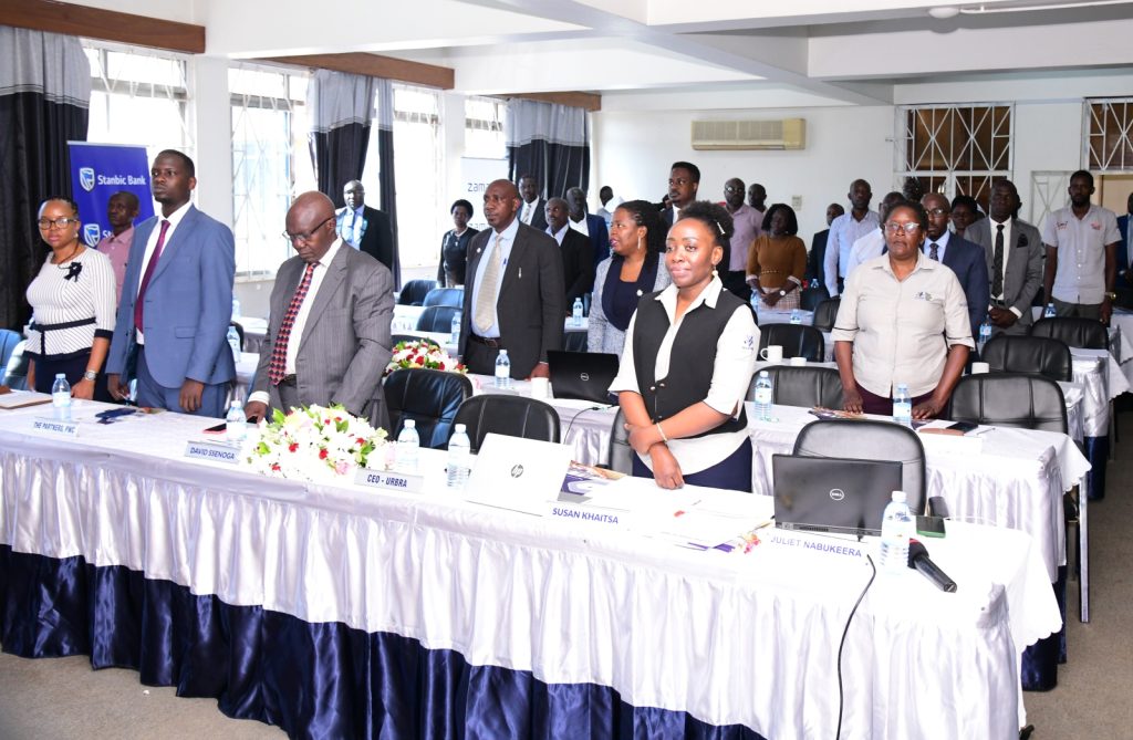 Front Row (Left to Right): Ms. Anne Njeri, representative from ICEA Lion Life Assurance, Mr. Edward Karegyesa, representative from PWC (Auditors), CPA David Ssenoga, Chairperson, MURBS Audit Committee and Ms. Susan Khaitsa, Principal Pension Officer, MURBS, attending the presentation of MURBS Performance for FY 2022/2023. MURBS Presentation of Performance FY 2022/2023, 24th October 2023, Telepresence Centre, Level 2, Senate Building, Makerere University, Kampala Uganda. East Africa.