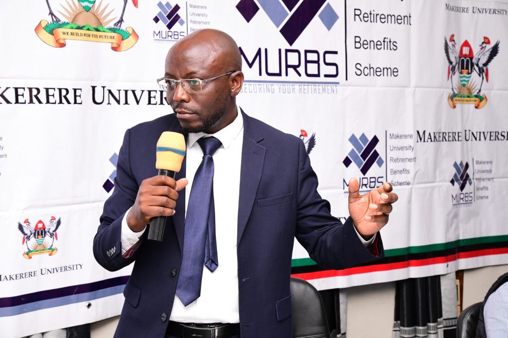 Dr. Godwin Kakuba, Secretary MURBS Board of Trustees responds to questions following his presentation. MURBS Presentation of Performance FY 2022/2023, 24th October 2023, Telepresence Centre, Level 2, Senate Building, Makerere University, Kampala Uganda. East Africa.