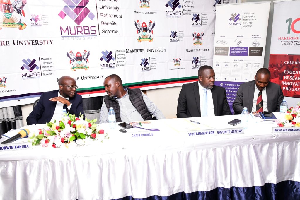 Left to Right: Dr. Godwin Kakuba, Mr. Bruce Balaba Kabaasa, Mr. Yusuf Kiranda and Prof. Winston Tumps Ireeta interact during the event. MURBS Presentation of Performance FY 2022/2023, 24th October 2023, Telepresence Centre, Level 2, Senate Building, Makerere University, Kampala Uganda. East Africa.