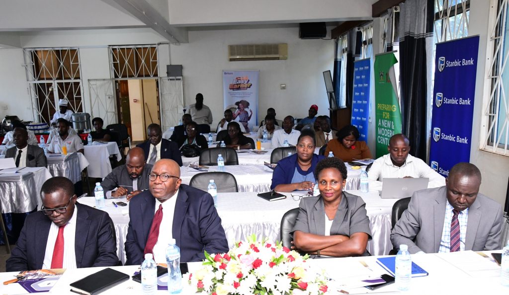 Front Row (Left to Right): MURBS Trustees Dr. Deus Kamunyu Muhwezi, Mr. George Bamugemereire, CPA Franco Angida Mugyema and Mr. Joseph Ikarokok. MURBS Presentation of Performance FY 2022/2023, 24th October 2023, Telepresence Centre, Level 2, Senate Building, Makerere University, Kampala Uganda. East Africa.