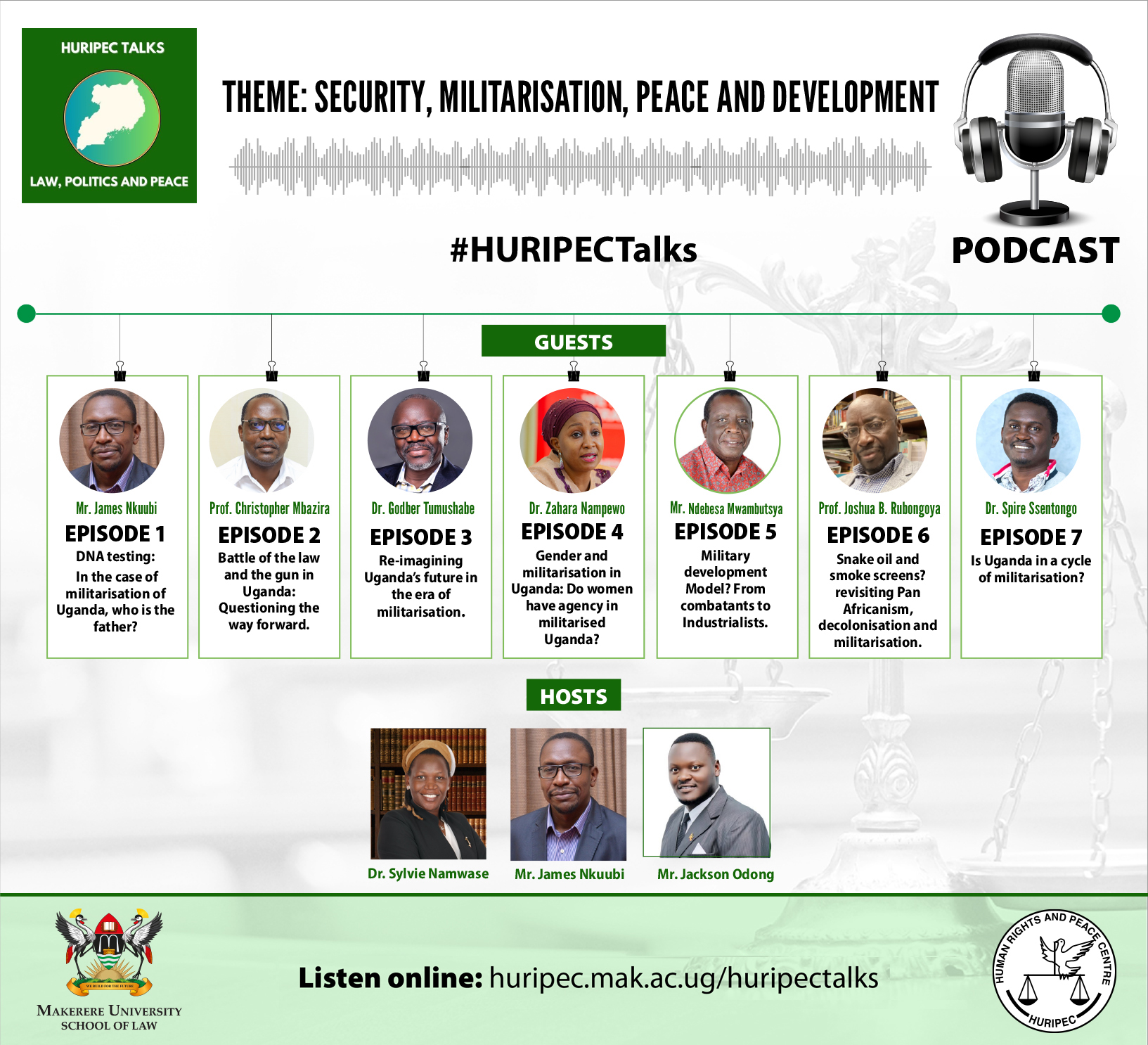 #HURIPECTalks: A Podcast by HURIPEC featuring; Mr. James Nkuubi, Prof. Christopher Mbazira, Dr. Godber Tumushabe, Dr. Zahara Nampewo, Mr. Ndebesa Mwabutsya, Prof. Joshua B. Rubongoya, and Dr. Jimmy Spire Ssentongo.