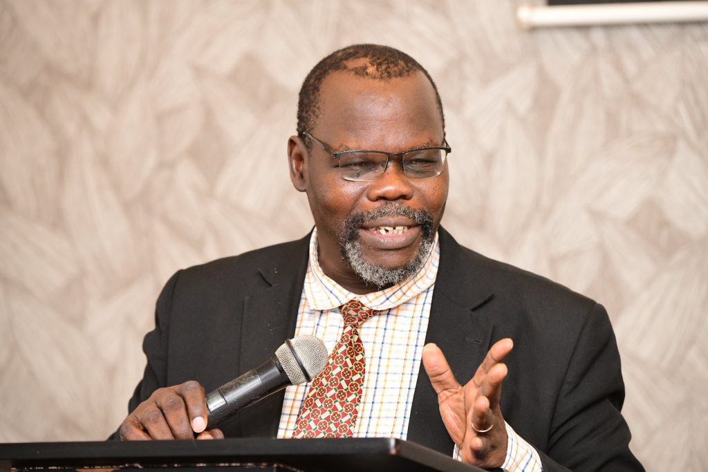 The New Chairperson of the Staff Appeals Tribunal, Dr. Henry Onoria delivers his acceptance speech. Makerere University Staff Appeals Tribunal Swearing-In Ceremony, 16th November 2023, Mestil Hotel, Kampala Uganda.