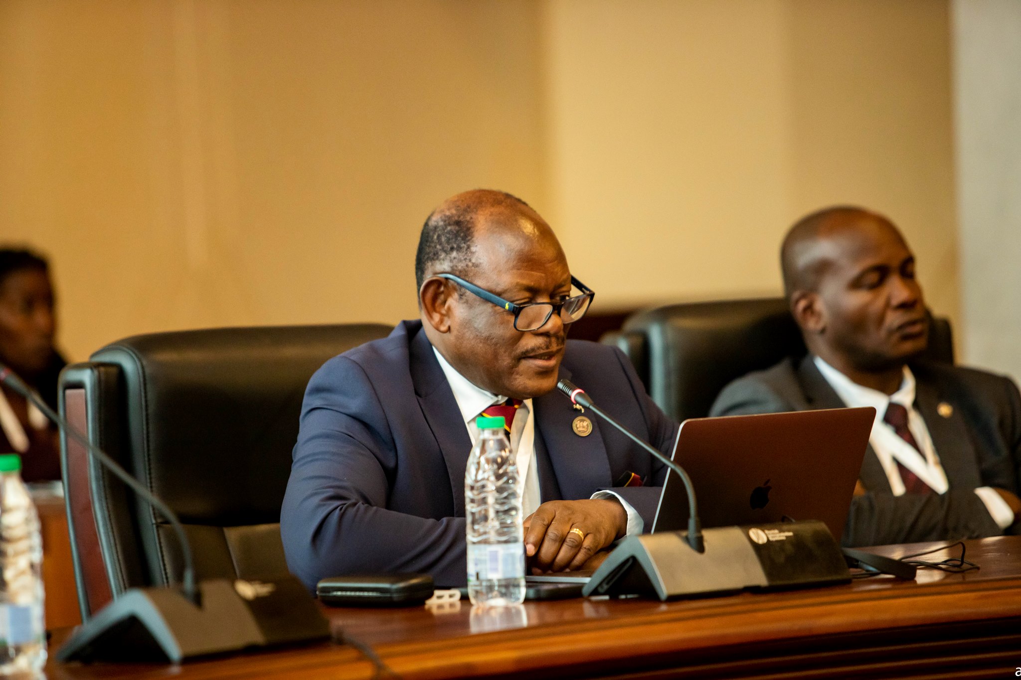 Prof. Barnabas Nawangwe, the Vice Chancellor of Makerere University presenting a lead paper on “Enhancing Safeguarding at institutions of higher Learning” at the Vice Chancellors’ Forum, a side-event of the 19th RUFORUM AGM held in Yaoundé, Cameroon. Right is Prof. Jude Lubega, the Vice Chancellor Nkumba University. 19th RUFORUM AGM, Theme: “Transforming Higher Education to Sustainably Feed and Create Prosperity for Africa”, 28th October-2nd November 2023 Vice Chancellors' Forum side-event, Palais de Congrès, Yaoundé, Cameroon, Africa.