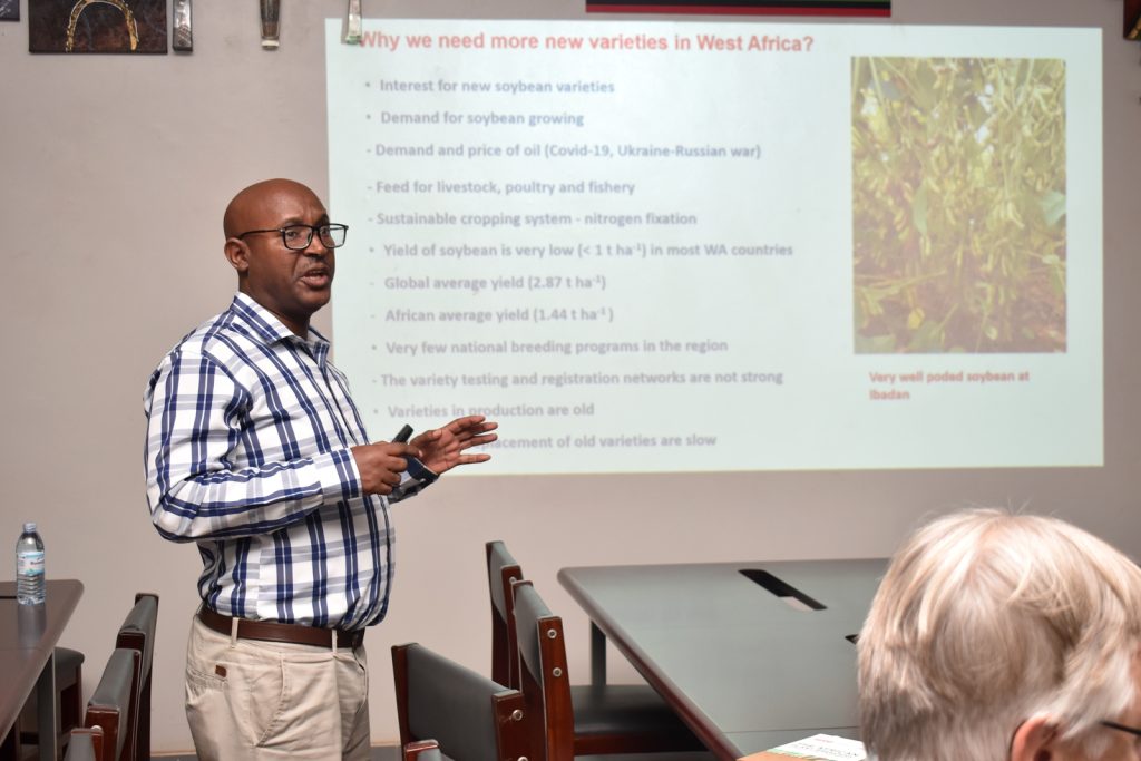 Abush Tesfaye from IITA, Nigeria delivers a presentation about their programme. Africa Soybean Breeders Meeting, 28th November to 1st December 2023, Makerere University, MUARIK, Kampala Uganda, East Africa.