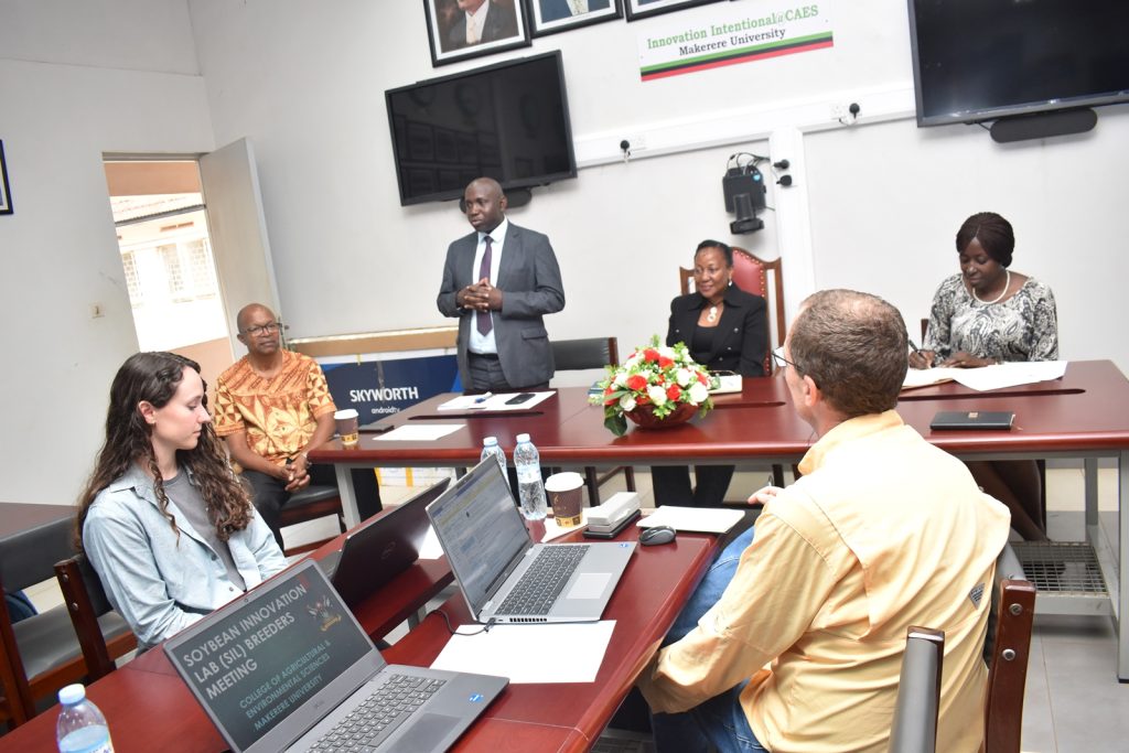 The Dean, SAS, Dr Johh Baptist Tumuhairwe addressing participants. Africa Soybean Breeders Meeting, 28th November to 1st December 2023, Makerere University, MUARIK, Kampala Uganda, East Africa.