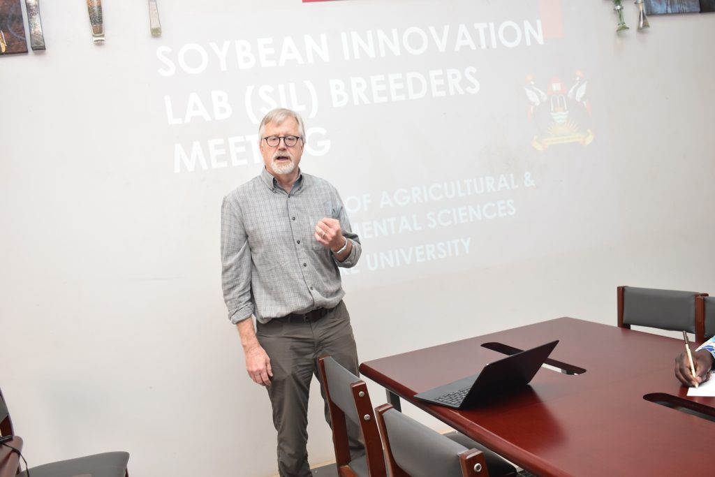 Prof. Brian Diers from the University of Illinois sharing updates from SIL. Africa Soybean Breeders Meeting, 28th November to 1st December 2023, Makerere University, MUARIK, Kampala Uganda, East Africa.