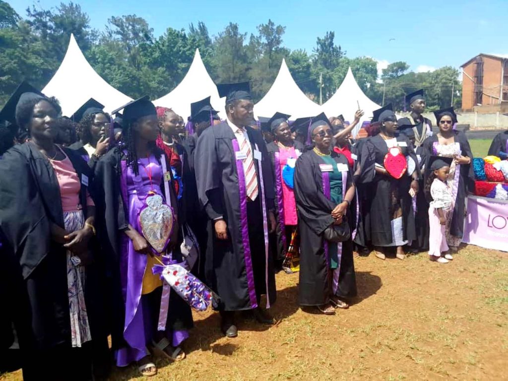 Some of the graduands prepare to receive their certificates. College of Education and External studies with support from Love Binti International certificate award ceremony following 3 months of vocational skills training, 21st December 2023, Impis Rugby Grounds, Makerere University, Kampala Uganda, East Africa.