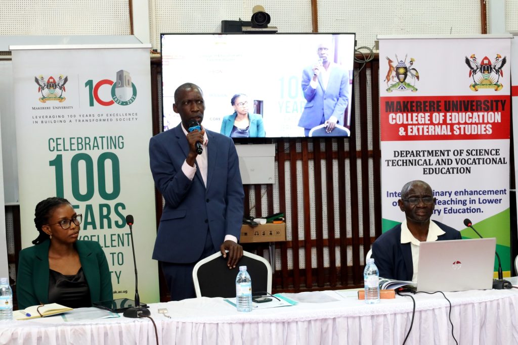 The Principal CEES, Prof. Anthony Muwagga Mugagga (standing) addresses participants. Mak-RIF Project on translating two resource books into Luganda and Lumasaaba languages following the thematic curriculum of lower primary Dissemination December 2023, AVU Conference Room, Makerere University, Kampala Uganda, East Africa.