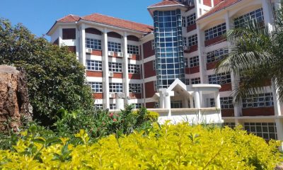 Block A of the College of Computing and Information Sciences (CoCIS), Makerere University, with foliage in the foreground, Kampala Uganda