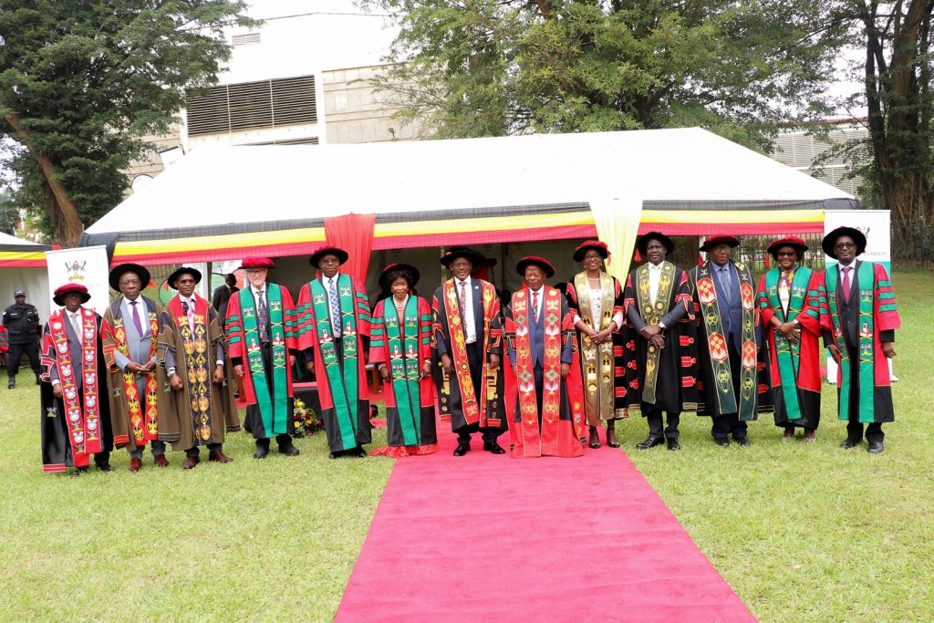 Photo moment: The awardees in a group photo with Hon. Dr. John Chrysestom Muyingo, State Minister for Higher Education (6th Right), Council members, the Chancellor and the recipients of Honorary Doctorates during the #Mak74thGrad. 74th Graduation Ceremony, Day 1, 29th January 2024, School of Public Health, College of Health Sciences (CHS), Freedom Square, Makerere University, Kampala Uganda, East Africa.