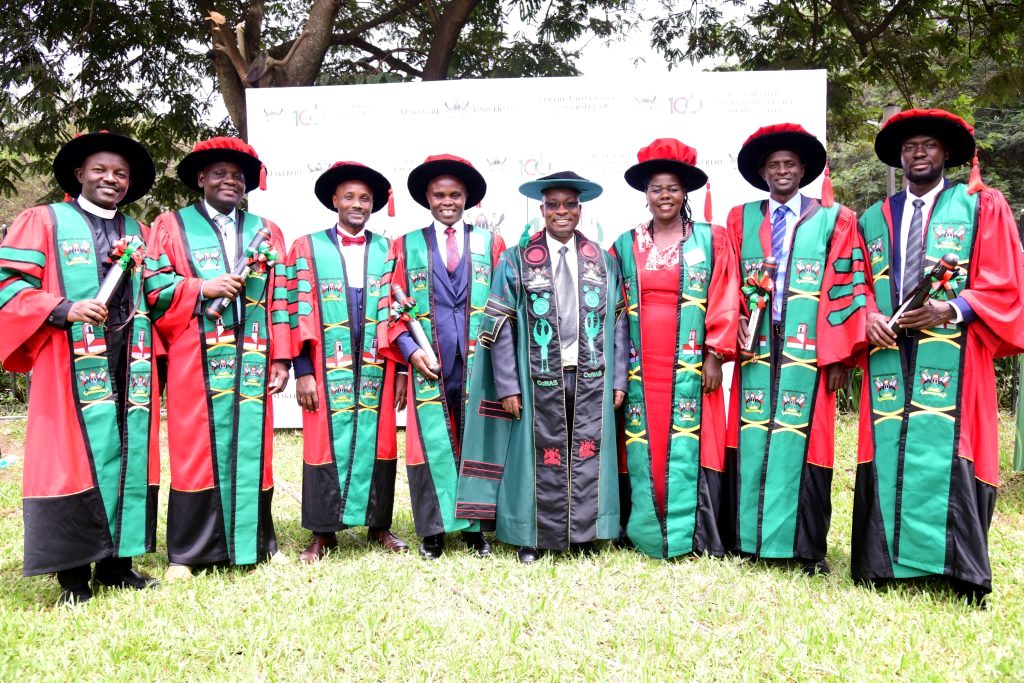 Some of the PhD graduates with the Dean, School of Biosciences, Prof. Arthur Tugume. 74th Graduation Ceremony, Day 1, 29th January 2024, Freedom Square, Makerere University, Kampala Uganda, East Africa.