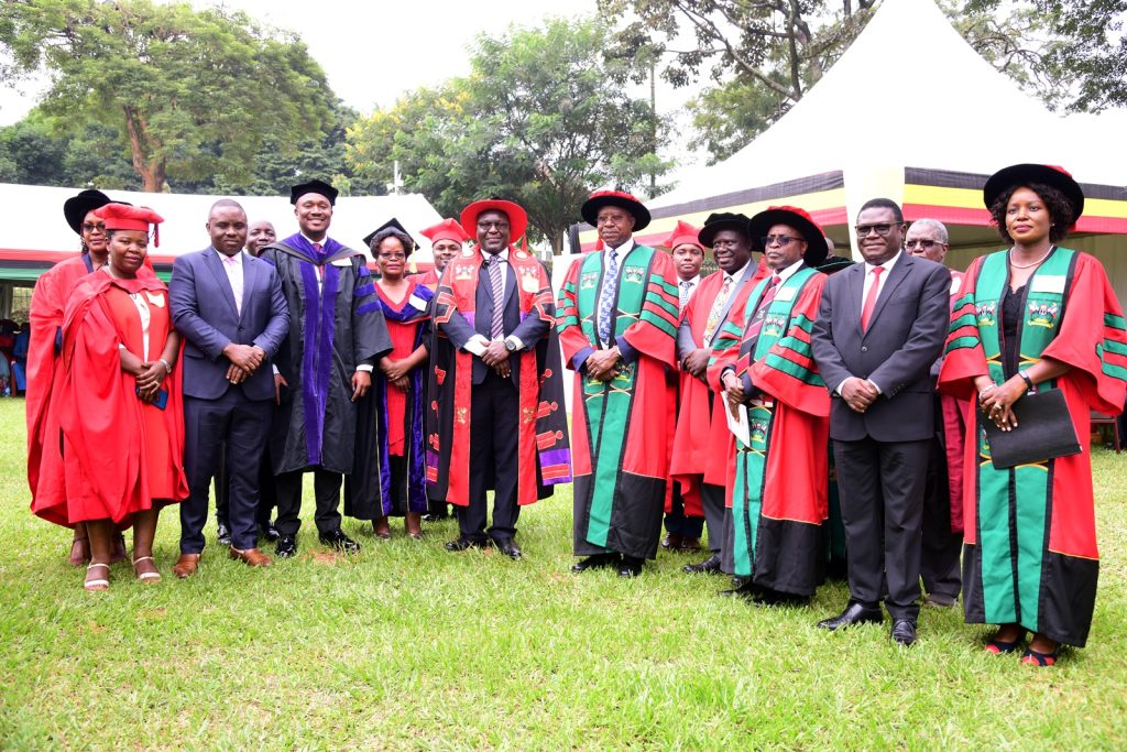 Hon. Justice Frederick Martin Stephen Egonda-Ntende (5th Right) with members of the law fraternity who included Principal School of Law-Assoc. Prof. Ronald Naluwairo (5th Left), Minister of Justice and Constitutional Affairs-Hon. Norbert Mao (2nd Right), the Lord Mayor of Kampala-His Worship Erias Lukwago (2nd Left) among others. 74th Graduation Ceremony, Day 1, 29th January 2024, Freedom Square, Makerere University, Kampala Uganda, East Africa.
