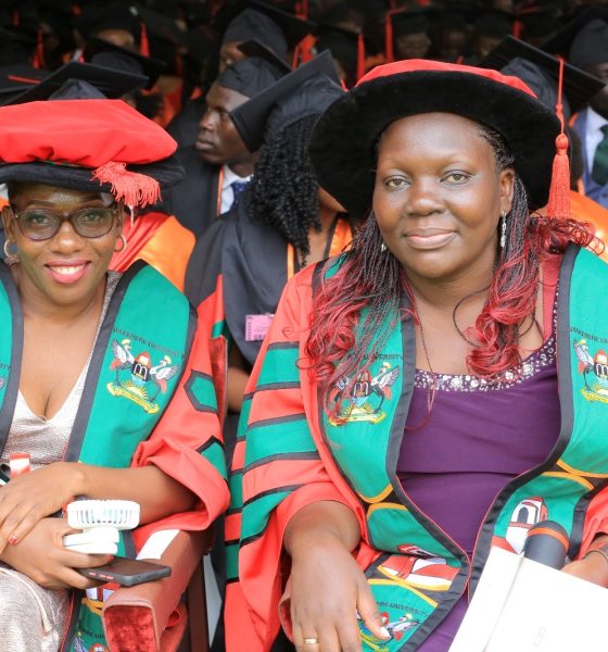 Dr. Mukebezi Rebecca (Right) with a fellow PhD Graduate during the ceremony on Day 2. 74th Graduation Ceremony, Day 2, 30th January 2024, Collge of Agricultural and Environmental Sciences (CAES), Freedom Square, Makerere University, Kampala Uganda, East Africa.