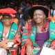 Dr. Mukebezi Rebecca (Right) with a fellow PhD Graduate during the ceremony on Day 2. 74th Graduation Ceremony, Day 2, 30th January 2024, Collge of Agricultural and Environmental Sciences (CAES), Freedom Square, Makerere University, Kampala Uganda, East Africa.