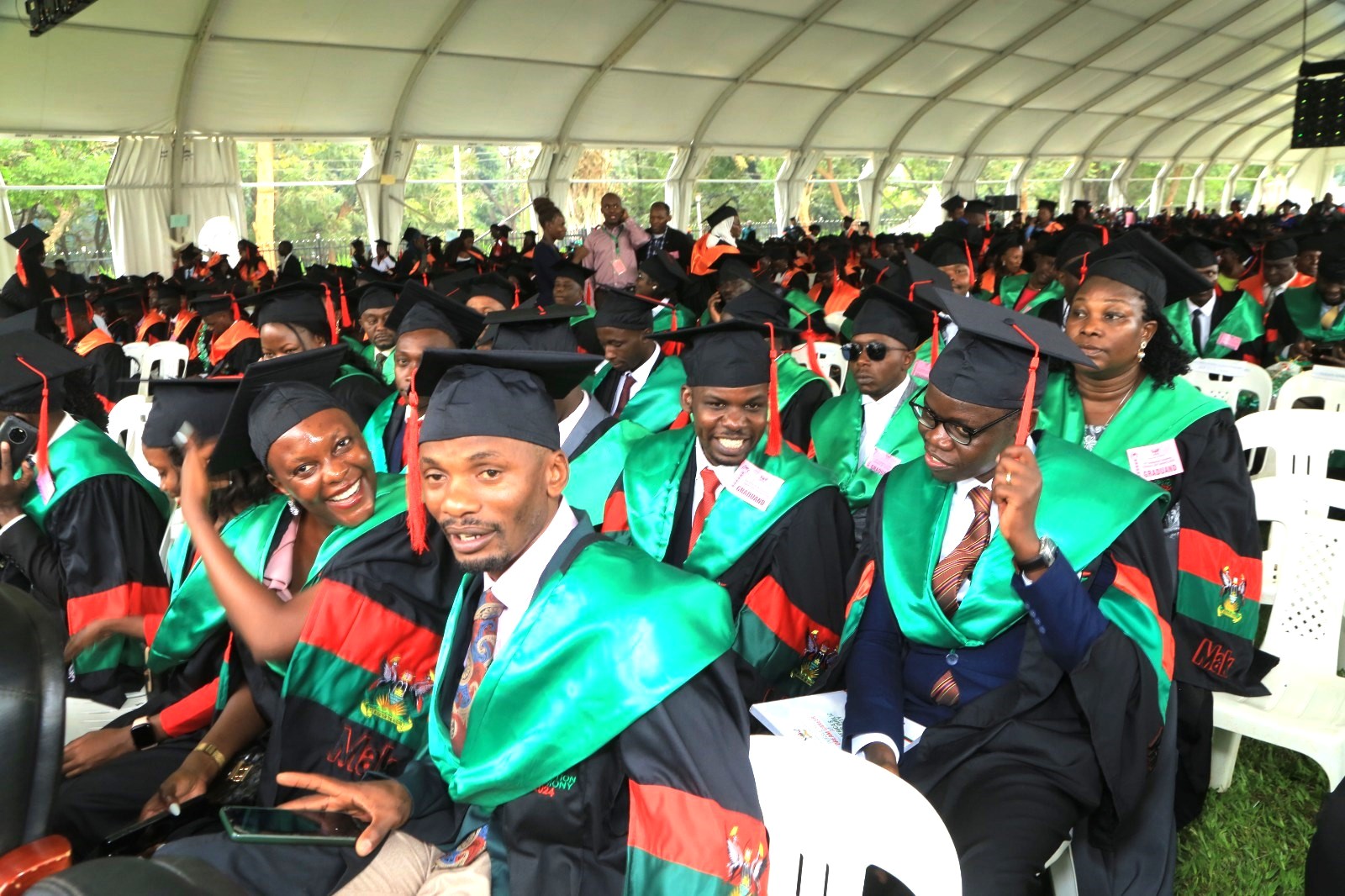 A section of CAES Masters graduates at the 74th graduation ceremony of Makerere University. 74th Graduation Ceremony, Day 2, College of Agricultural and Environmental Sciences (CAES), 30th January 2024, Freedom Square, Makerere University, Kampala Uganda, East Africa.