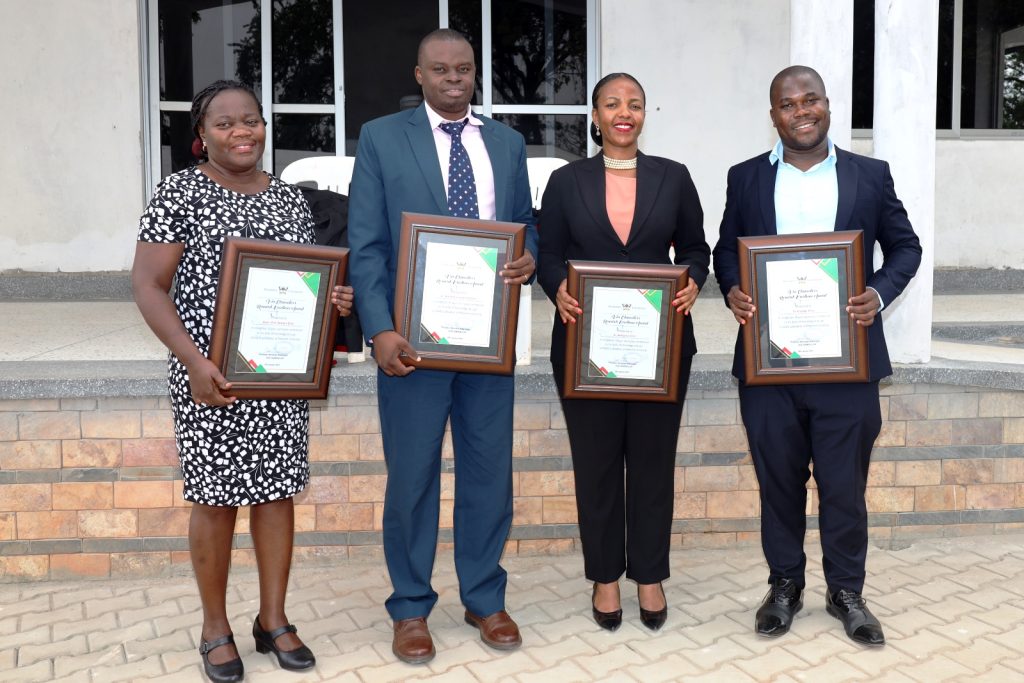 L-R ; Assoc. Prof. Betty Kwagala, Dr. Wandera, Dr. Kabagenyi and Dr. Kisaakye who received the VC's research excellence award. 74th Graduation Ceremony, Day 3, 31st January 2024, College of Business and Management Sciences (CoBAMS), Freedom Square, Makerere University, Kampala Uganda, East Africa.