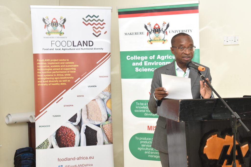 The Project Coordinator at Makerere, Prof. John Muyonga welcoming participants to the meeting. FoodLAND Project 4th Annual Meeting, 18th-20th January 2024, Hotel Africana, Kampala Uganda, East Africa.
