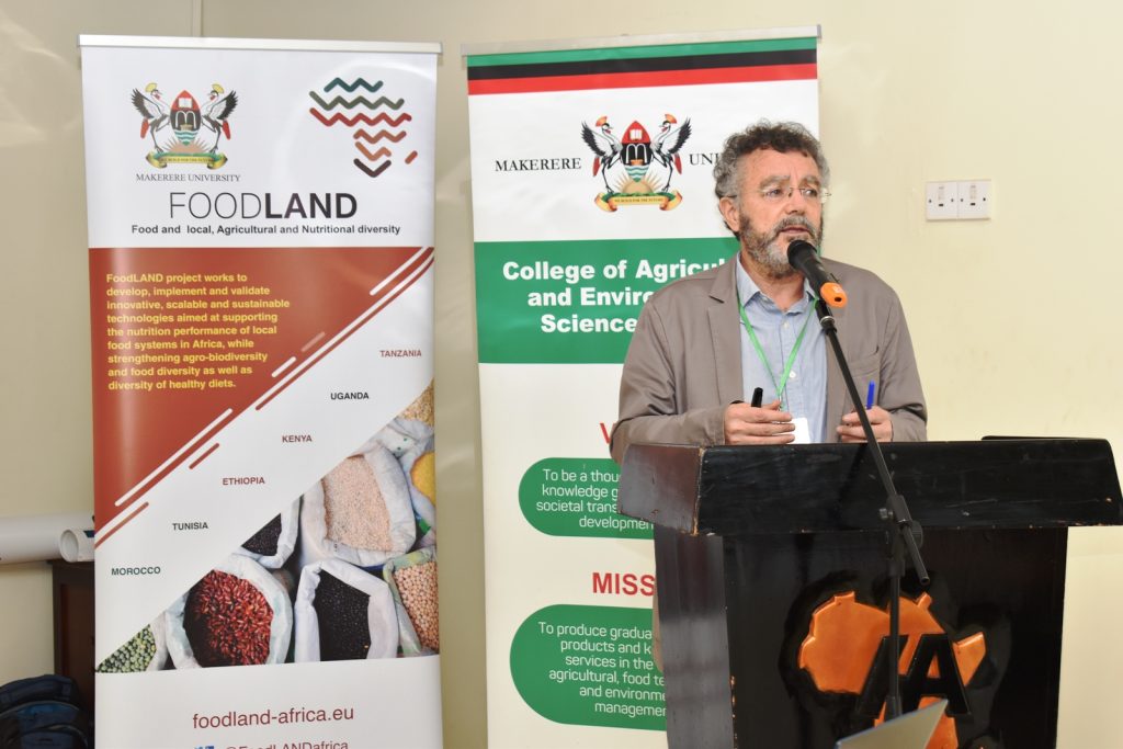 Prof. Marco Setti from the University of Bologna presenting the status of the project. FoodLAND Project 4th Annual Meeting, 18th-20th January 2024, Hotel Africana, Kampala Uganda, East Africa.
