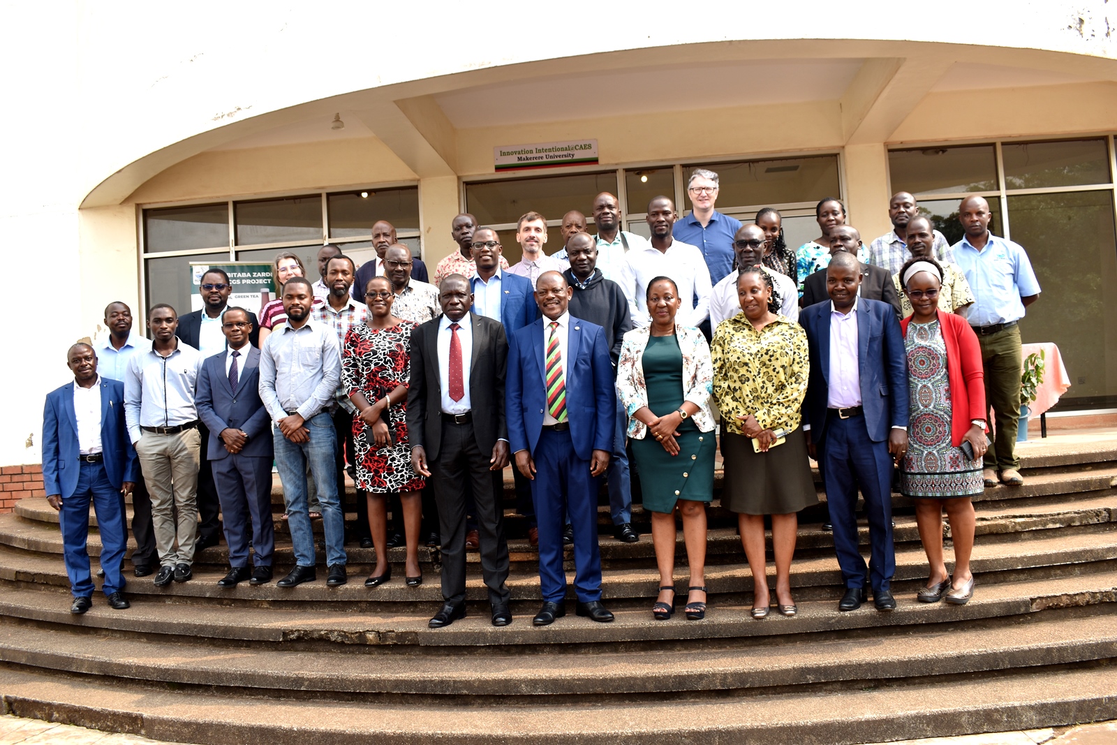 The Vice Chancellor, Prof. Barnabas Nawangwe (5th R), the Principal of CAES, Prof. Gorettie Nabanoga (4th R) and the representative of the DG NARO, Dr. Sadiq Kassim (6th L) together with the research team after the launch of the project. Nature-based Solutions for Climate-Resilient Tea Production in Uganda (NbS4Tea) Project Launch, 16th January 2024, Conference Hall, School of Food Technology, Nutrition and Bioengineering, CAES, Makerere University, Kampala Uganda, East Africa.