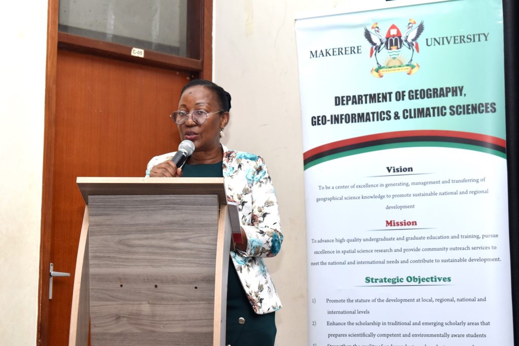 The Principal of CAES, Prof. Gorettie Nabanoga addressing participants. Nature-based Solutions for Climate-Resilient Tea Production in Uganda (NbS4Tea) Project Launch, 16th January 2024, Conference Hall, School of Food Technology, Nutrition and Bioengineering, CAES, Makerere University, Kampala Uganda, East Africa.