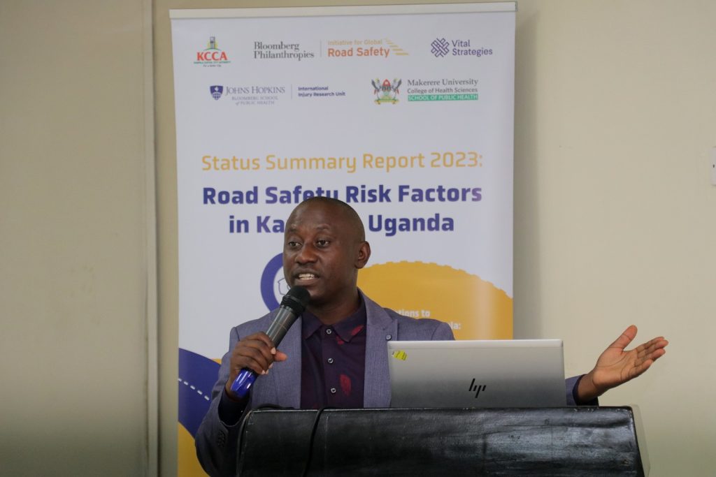 Hon. Kizza Hakim Sawula, the lord councilor from Lubaga and a Minister for Works and Physical Planning -KCCA speaking at the launch. Makerere University School of Public Health, Johns Hopkins International Injury Research Unit, KCCA, Vital Strategies launch of Status Summary Report 2023; Road Risk Factors for Kampala, Uganda, 16th January 2024, Hotel Africana, Kampala Uganda, East Africa.