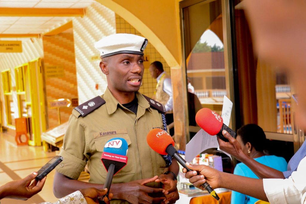 SP. Michael Kananura, spokesperson, Traffic and Road Safety Directorate, Uganda Police Force speaks to journalists at the launch of the status report. Makerere University School of Public Health, Johns Hopkins International Injury Research Unit, KCCA, Vital Strategies launch of Status Summary Report 2023; Road Risk Factors for Kampala, Uganda, 16th January 2024, Hotel Africana, Kampala Uganda, East Africa.