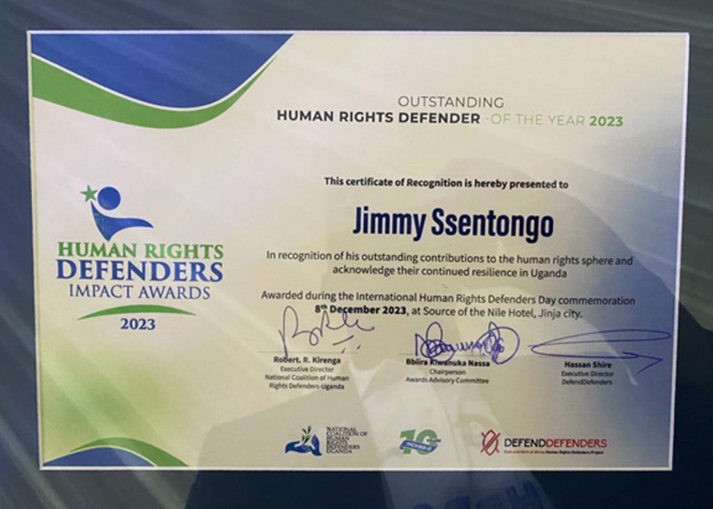 The Outstanding Human Rights Defender of The Year 2023 Award received by Dr. Jimmy Spire Ssentongo.