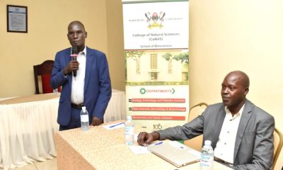 The Principal Investigator, Dr. Joseph Kyambadde presenting an overview of the project at the research dissemination workshop at Ridar Hotel, Seeta, Mukono District on 23rd January 2024. On the right is the Co-PI, Dr. Robinson Odong. Department of Biochemistry and Sports Science, CoNAS, Makerere University project funded by Mak-RIF "Integrating agro/bio-waste treatment technologies to enhance sustainable agro-process waste management in Uganda”, Research Dissemination, 23rd January 2024, Ridar Hotel, Seeta, Mukono District, Uganda, East Africa.