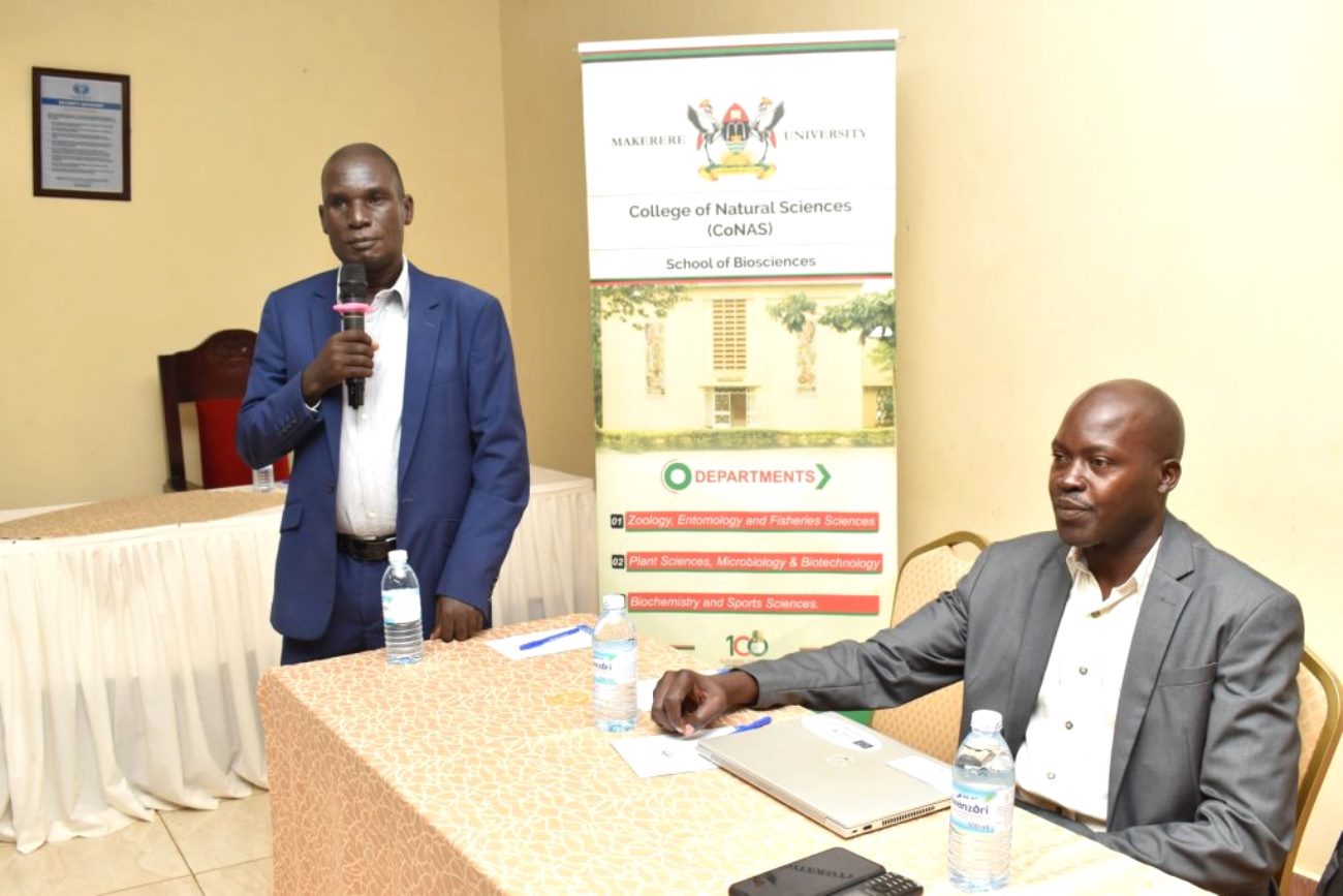 The Principal Investigator, Dr. Joseph Kyambadde presenting an overview of the project at the research dissemination workshop at Ridar Hotel, Seeta, Mukono District on 23rd January 2024. On the right is the Co-PI, Dr. Robinson Odong. Department of Biochemistry and Sports Science, CoNAS, Makerere University project funded by Mak-RIF "Integrating agro/bio-waste treatment technologies to enhance sustainable agro-process waste management in Uganda”, Research Dissemination, 23rd January 2024, Ridar Hotel, Seeta, Mukono District, Uganda, East Africa.