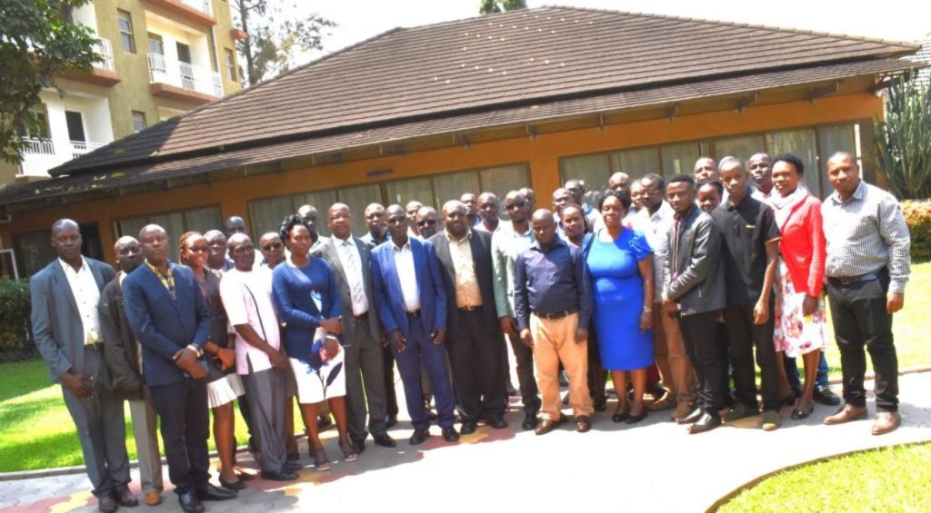 The project team led by Dr. Joseph Kyambadde (5th L) together with the Deputy Principal of CoNAS, Prof. Juma Kasozi (4th Left), and stakeholders in the waste management sector at the research dissemination seminar at Ridar Hotel, Mukono District. Department of Biochemistry and Sports Science, CoNAS, Makerere University project funded by Mak-RIF "Integrating agro/bio-waste treatment technologies to enhance sustainable agro-process waste management in Uganda”, Research Dissemination, 23rd January 2024, Ridar Hotel, Seeta, Mukono District, Uganda, East Africa.