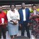 Some of the staff that were sent off pose for a picture after receiving their plaques. CoVAB farewell for outgoing staff, 19th January 2024, Ruth Keesling Gardens, College of Veterinary Medicine, Animal Resources and Biosecurity (COVAB), Makerere University, Kampala Uganda, East Africa.