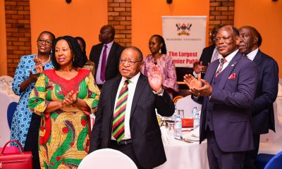 Left to Right: Chaiperson of Council-Mrs. Lorna Magara, Mrs. Specioza Suruma, Chancellor-Prof. Ezra Suruma, Vice Chancellor-Prof. Barnabas Nawangwe, DVCFA-Prof. Henry Alinaitwe and other guests join in singing Amazing Grace during the dinner on 20th December 2024. Lake Victoria Serena, Kigo, Kampala Uganda, East Africa.