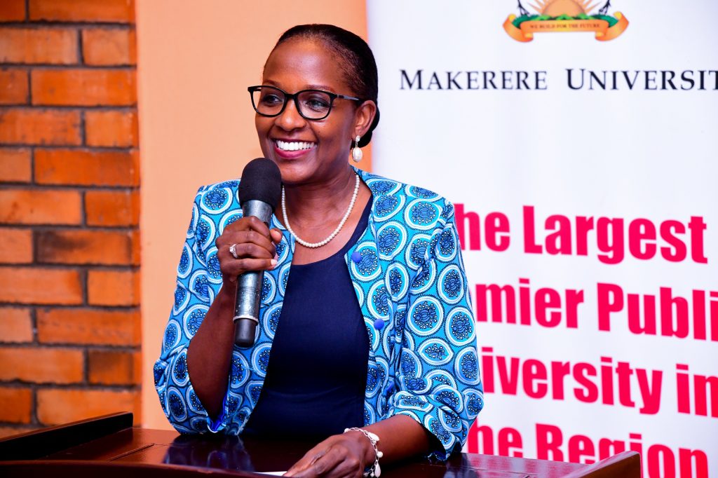 Mrs. Lorna Magara makes her remarks at the celebration. University Council Dinner in honour of Prof. Ezra Suruma's two terms as Chancellor, 20th December 2023, Lake Victoria Serena, Kigo, Kampala Uganda, East Africa.