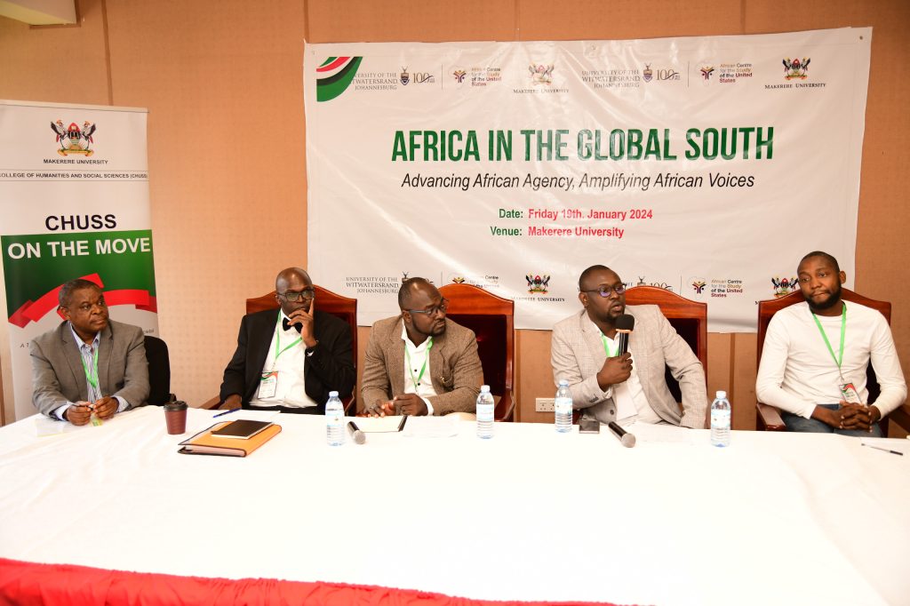 Panelists from Left to Right: Dr. Bob Wekesa, Advocate Francis Gimara, Dr. David Ngendo-Tshimba, Mr. Benon Hebert Oluka and Dr. Charles Batte. Mak & Wits-ACSUS "Africa in the Global South: Advancing African Agency, Amplifying African Voices" Forum, 19th January 2024, Council Room, Level 3, Frank Kalimuzo Central Teaching Facility, Makerere University, Kampala Uganda, East Africa.
