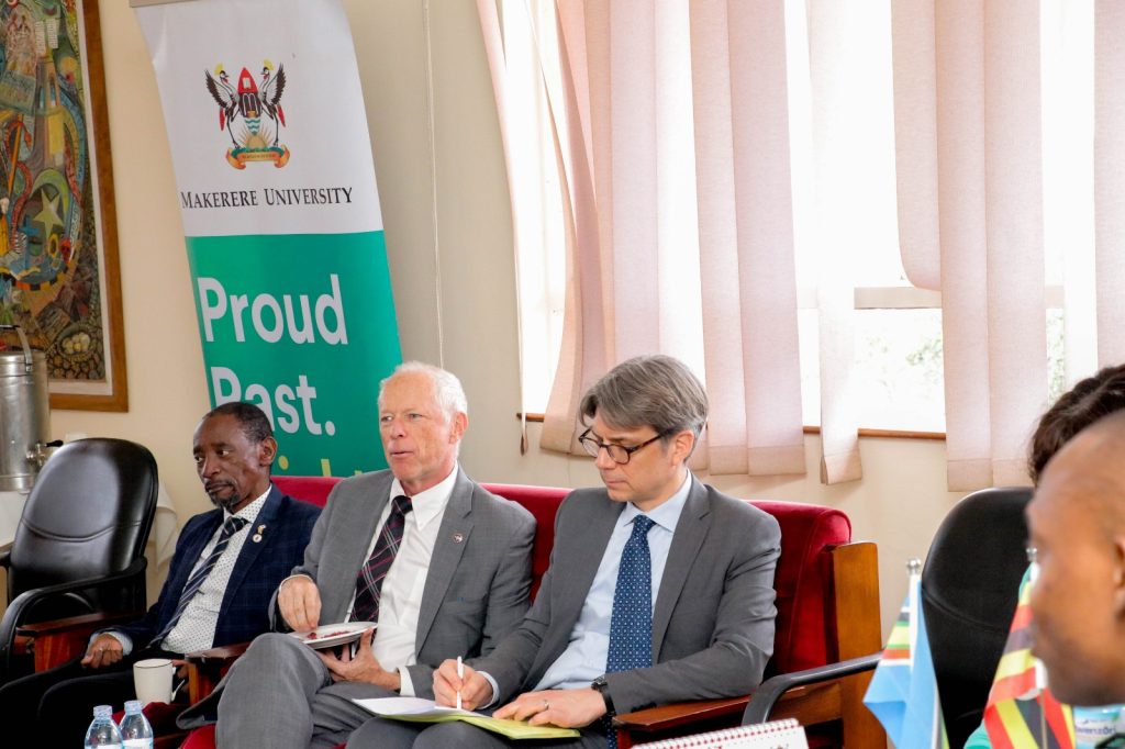 Left to Right: Prof. Roy Mayega, Prof. Stefan Peterson Swartling and Prof. Tobias Alfvén during the courtesy call on the DVCAA in his office. Senate Building, Makerere University, Kampala Uganda, East Africa.