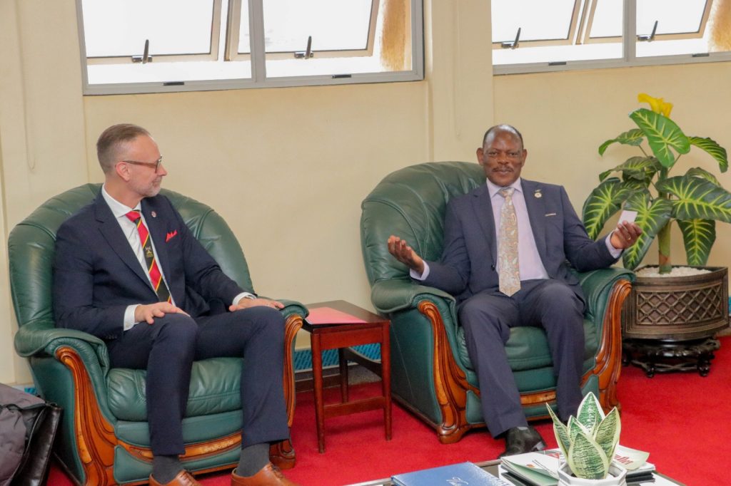 Prof. Barnabas Nawangwe (Right) and Prof. Martin Bergö (Left) during the courtesy call prior to the meeting. Frank Kalimuzo Central Teaching Facility, Makerere University, Kampala Uganda, East Africa.