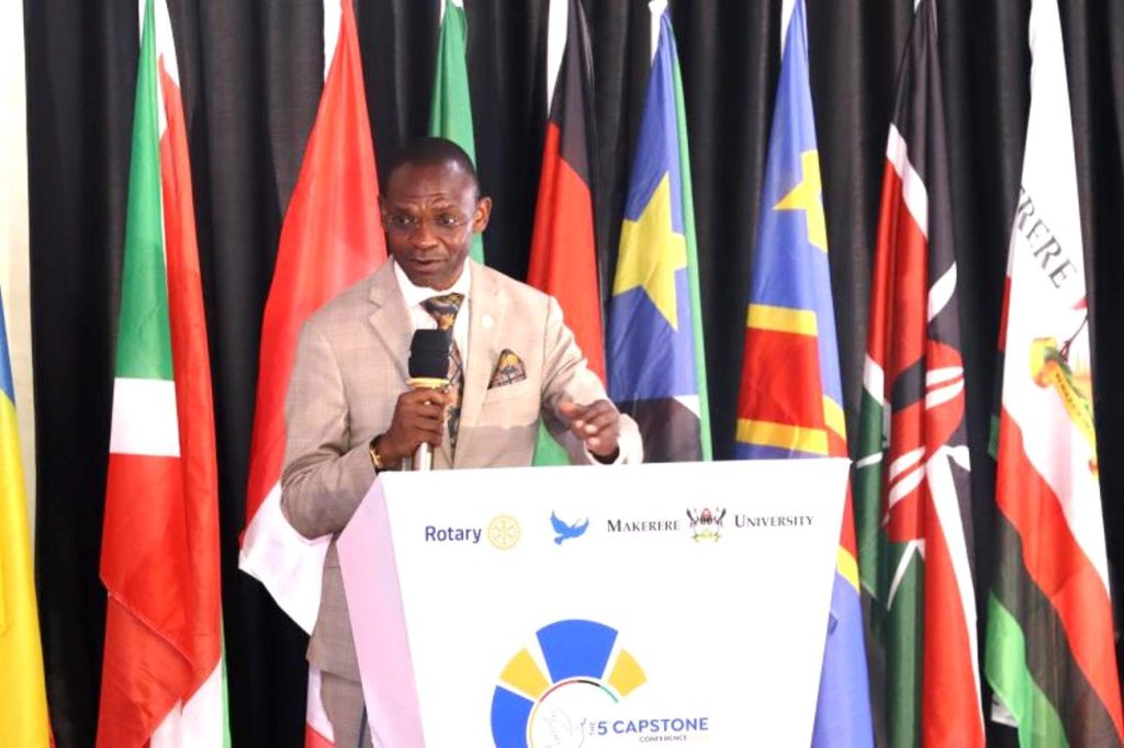 Assoc. Prof. Umar Kakumba making the official opening remarks. Makerere University Rotary Peace Center 5th Capstone Conference, 21st February 2024, School of Food Technology, Nutrition and Bioengineering Conference Hall, CAES, Makerere University, Kampala Uganda, East Africa.