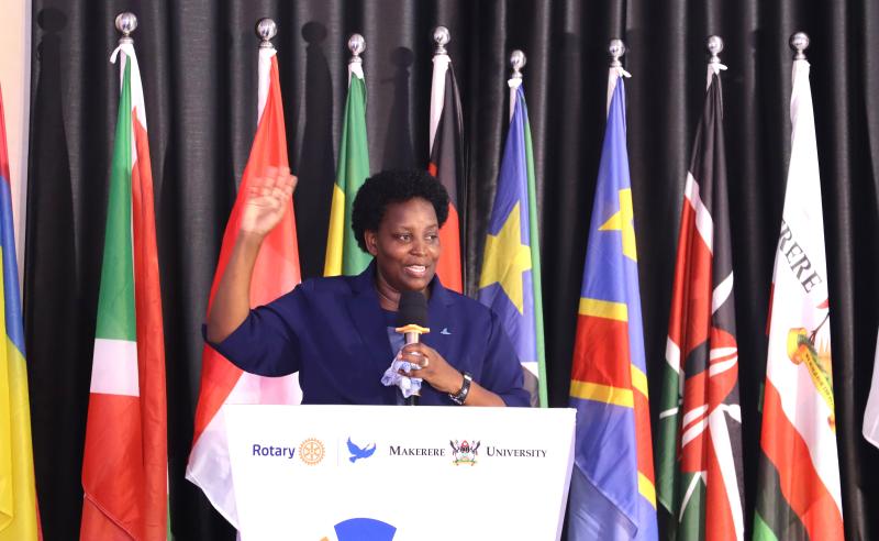 Center Director Assoc. Prof. Helen Nambalirwa Nkabala making her welcome remarks. Makerere University Rotary Peace Center 5th Capstone Conference, 21st February 2024, School of Food Technology, Nutrition and Bioengineering Conference Hall, CAES, Makerere University, Kampala Uganda, East Africa.