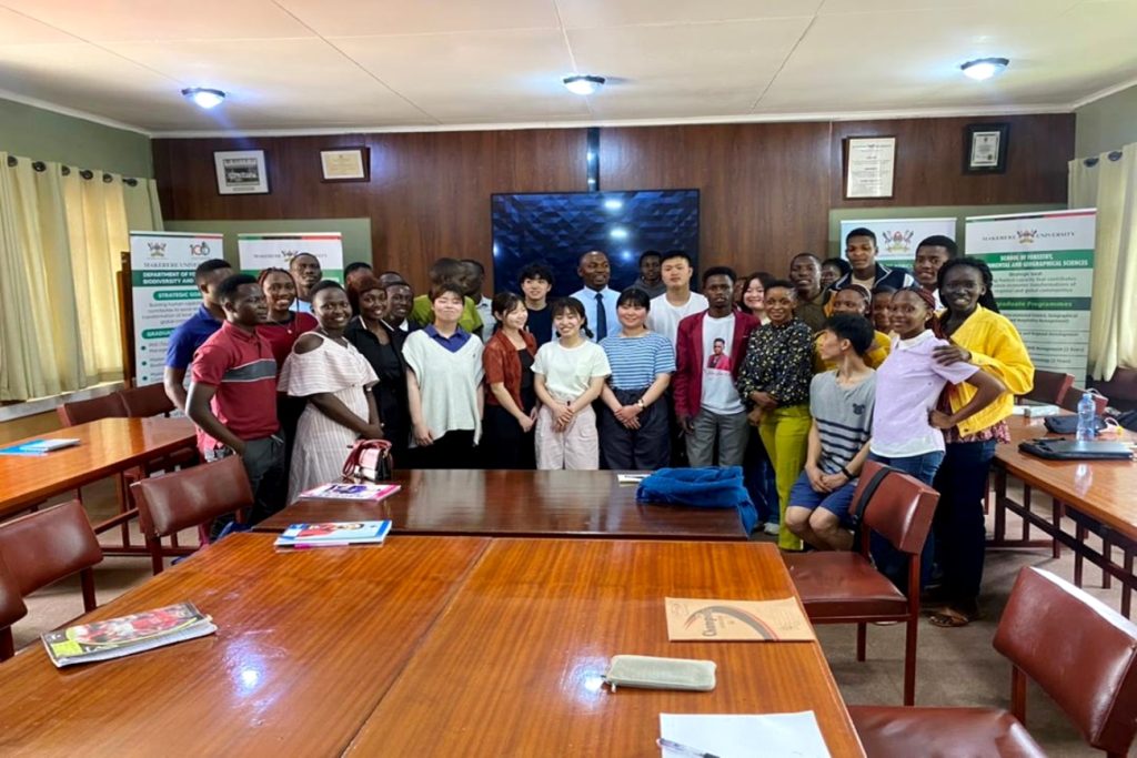 Students from Makerere join the group photo with peers from Tottori University. Receiving team of 12 exchange students from Tottori University, Japan. The Boardroom, College of Agricultural and Environmental Sciences (CAES), Makerere University, Kampala Uganda, East Africa.