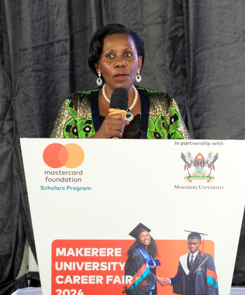 Prof. Justine Namaalwa, addressing the gathering at the event. Career Fair, 15th March 2024, Freedom Square, Makerere University, Kampala Uganda, East Africa.