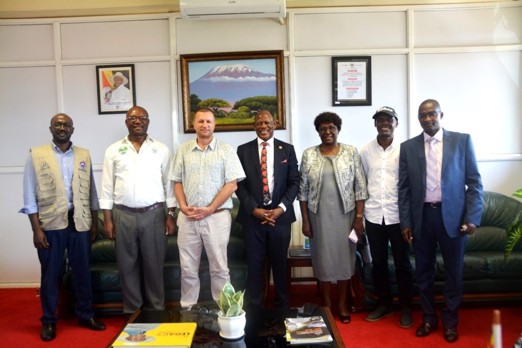 (L-R) Prof. Charles Masembe (CoNAS), Dr. Papias Tibihika (NARO-Kajjansi) Dr. Etienne Hinrichsen (AU-IBAR), Prof. Barnabas Nawangwe (VC), Assoc. Prof. Jesca Nakavuma (CoVAB), Dr. Patrick Karani (AU-IBAR), Dr. Daniel Adjei Boateng (AU-IBAR), during the  courtesy call. The Africa Union Inter-African Bureau for Animal Resources (AU-IBAR) mission to assess the suitability for hosting a Regional Centre of Excellence in Fisheries and Aquaculture in Africa, 11th to 12th March 2024, College of Veterinary Medicine, Animal Resources and Biosecurity (CoVAB) and College of Natural Sciences (CoNAS), Makerere University, Kampala Uganda, East Africa.