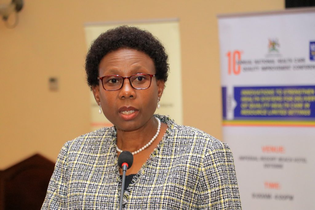 Uganda’s Minister of Health Hon. Dr. Jane Ruth Aceng Ocero speaks at the launch on March 12, 2024. Launch of the first ever Harmonized Health Facility Assessment (HHFA) jointly conducted by the School of Public Health, Makerere University, Kampala UgandaH and the Ministry of Health during the 10th Annual National Health Care Quality Improvement Conference, 12th March 2024, Imperial Resort Beach Hotel, Entebbe Uganda, East Africa.