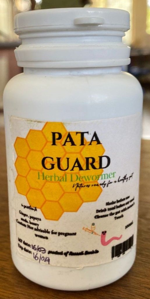 Pata Guard Herbal Dewormer. Products from Dr. Alice Nabatanzi's 2024 Biotechnology Product Development Class, Department of Plant Sciences, Microbiology and Biotechnology, School of Bio-sciences, College of Natural Sciences (CoNAS), Makerere University, Kampala Uganda, East Africa.