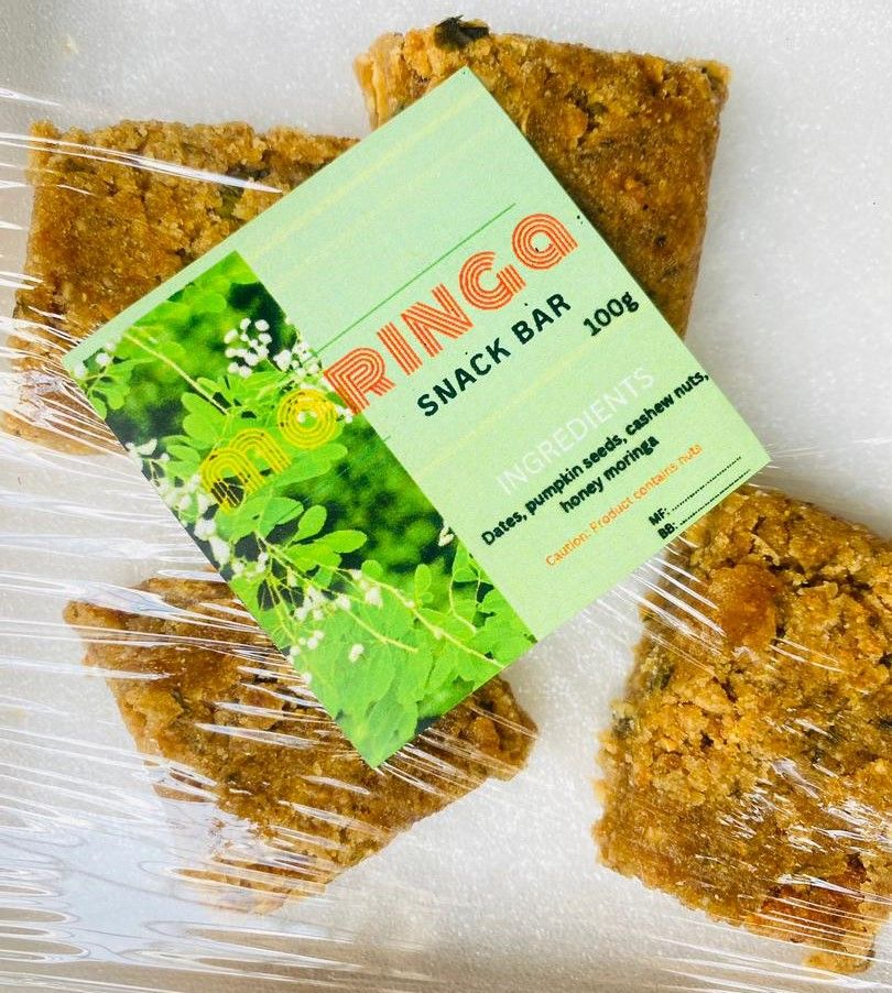 Moringa Snack Bar. Products from Dr. Alice Nabatanzi's 2024 Biotechnology Product Development Class, Department of Plant Sciences, Microbiology and Biotechnology, School of Bio-sciences, College of Natural Sciences (CoNAS), Makerere University, Kampala Uganda, East Africa.