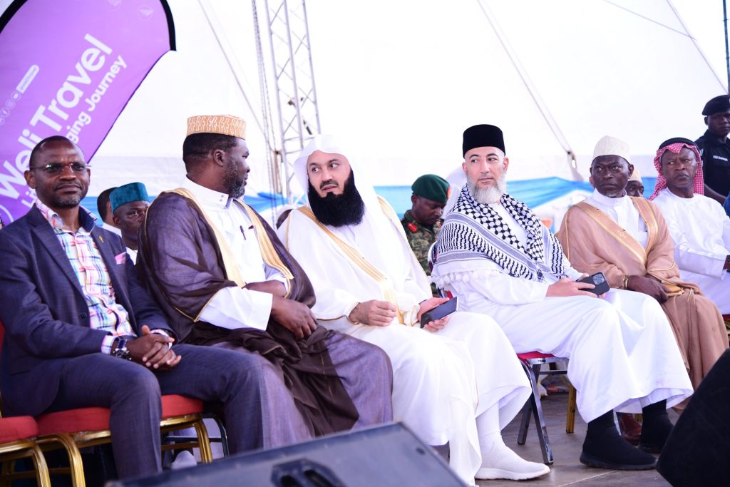 Prof. Umar Kakumba (Left), Mufti Menk (3rd Left) and other officials follow proceedings during the lecture. Mufti Menk Visit and Public Lecture, 8th March 2024, Rugby Grounds, Makerere University, Kampala Uganda, East Africa.